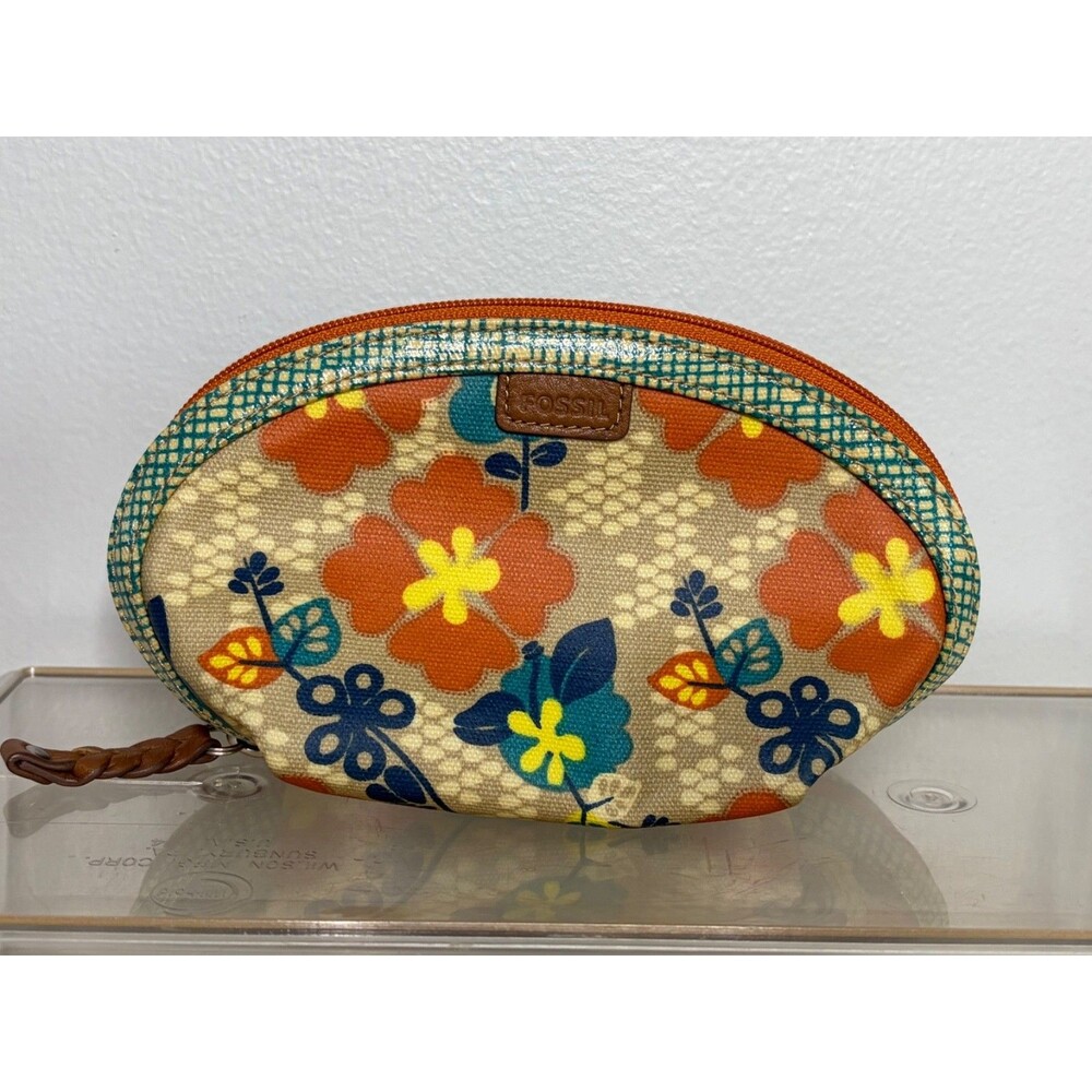 Vintage Fossil Coated Canvas Cosmetic Pouch Make Up Bag
